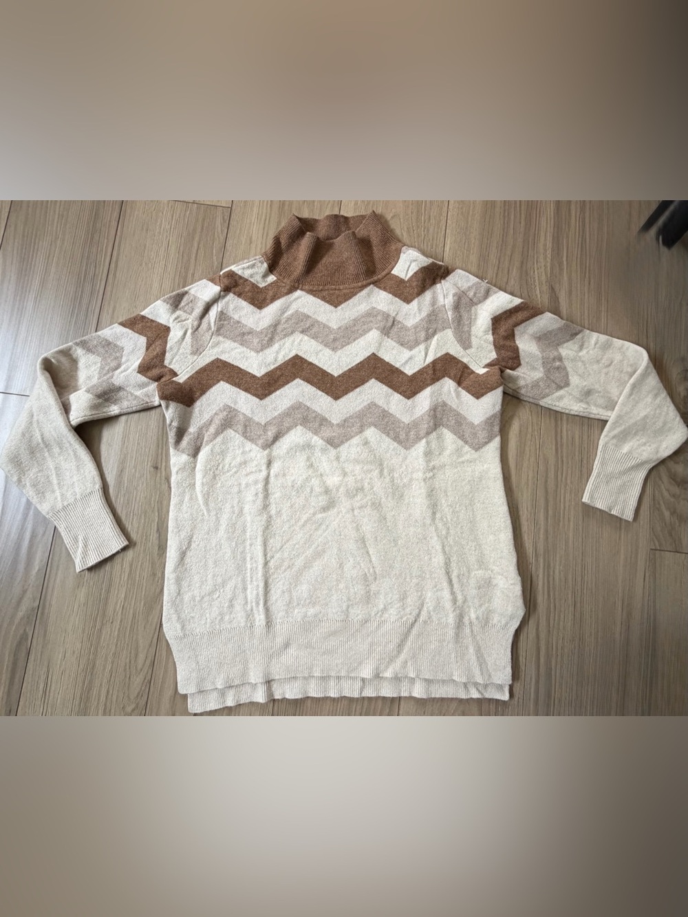 Aventura Soft Chevron Mock Neck Sweater Cream and Brown Cashmere Wool Cotton S